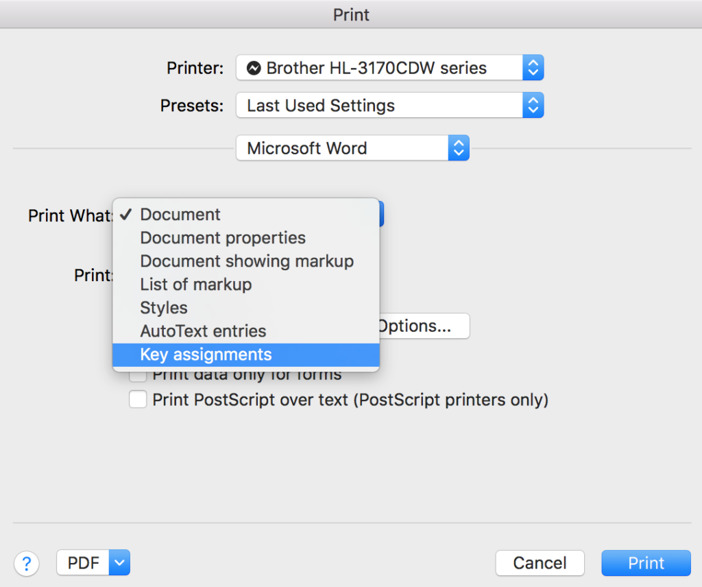 print options in Word for Mac, showing how to print the key assignments (keyboard shortcuts)