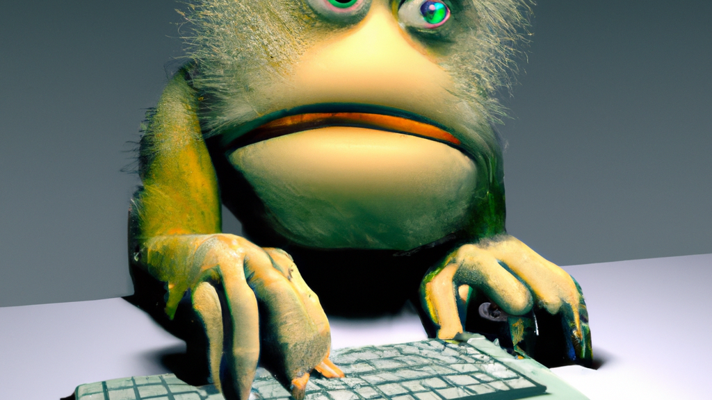 a friendly looking fuzzy monster thinking hard while concentrating on typing on a typewriter keyboard drawn in a 3D realistic style