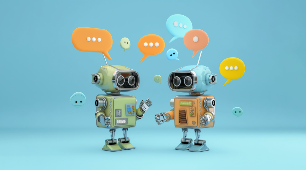 Cartoon of two rudimentary robots with empty speech balloons between them.